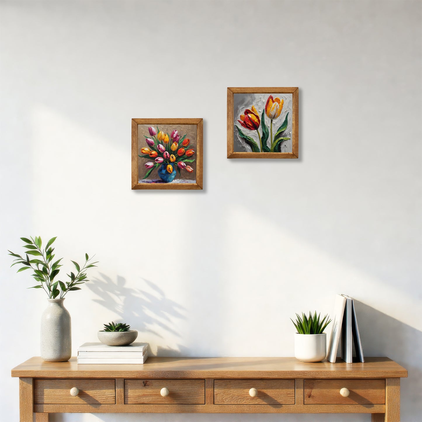 Tulip Bloom Duo Natural Stone Wall Art Wood Frame Set