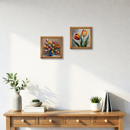 Tulip Bloom Duo Natural Stone Wall Art Wood Frame Set
