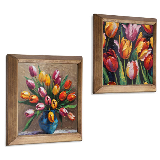 Tulip Arrangement Duo Natural Stone Wall Art Wood Frame Set