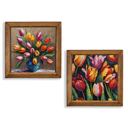 Tulip Arrangement Duo Natural Stone Wall Art Wood Frame Set