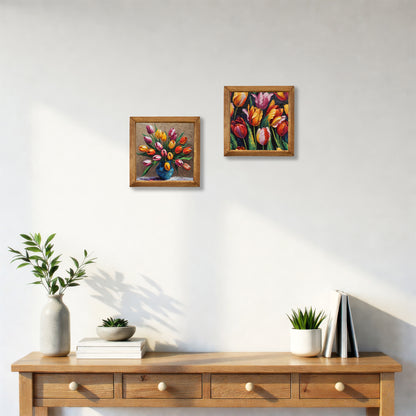 Tulip Arrangement Duo Natural Stone Wall Art Wood Frame Set