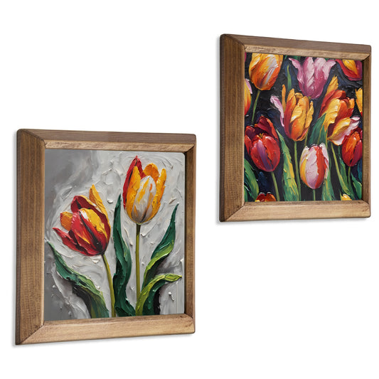 Autumn Tulips Duo Natural Stone Wall Art – Wood Frame Set