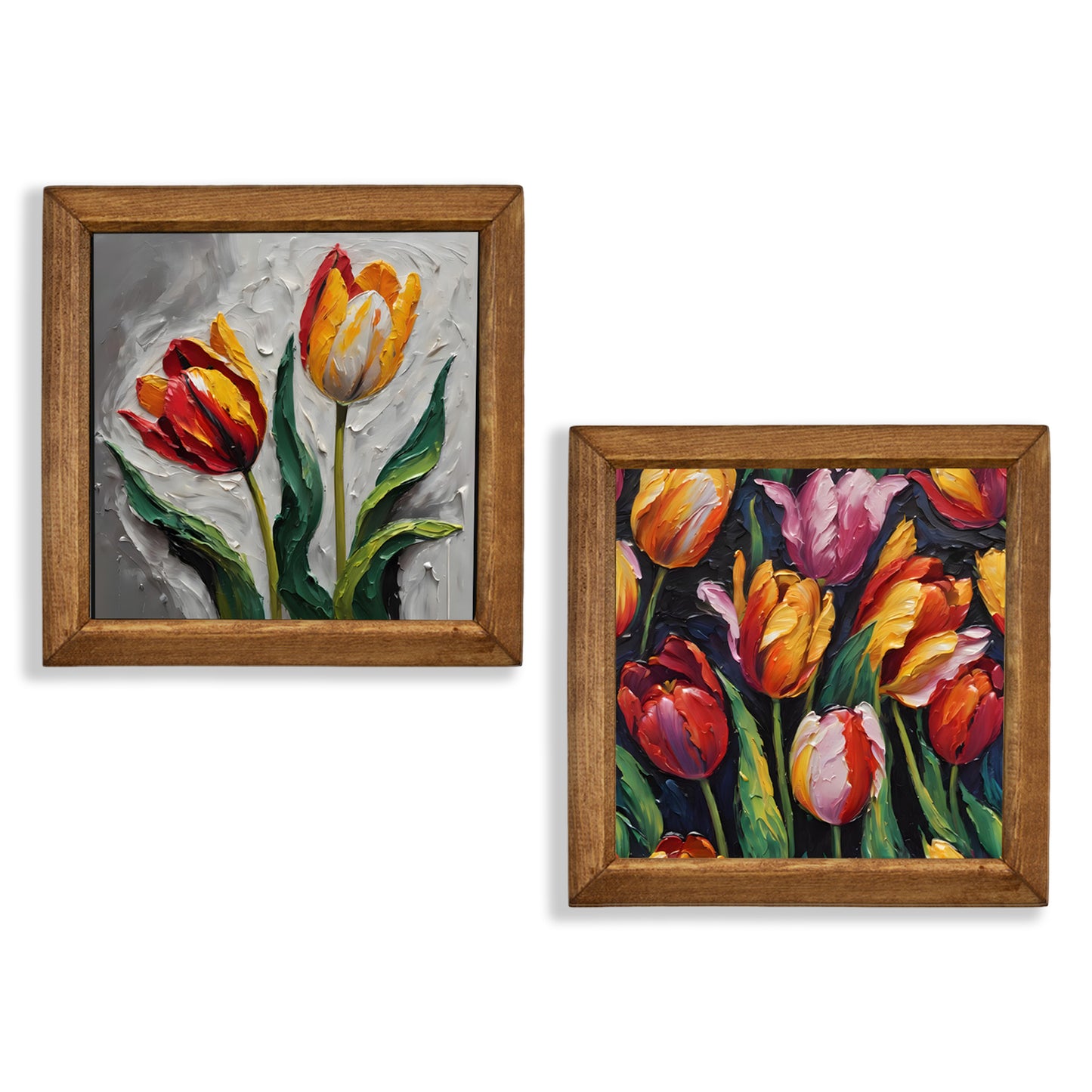 Autumn Tulips Duo Natural Stone Wall Art – Wood Frame Set