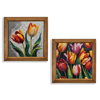 Autumn Tulips Duo Natural Stone Wall Art – Wood Frame Set