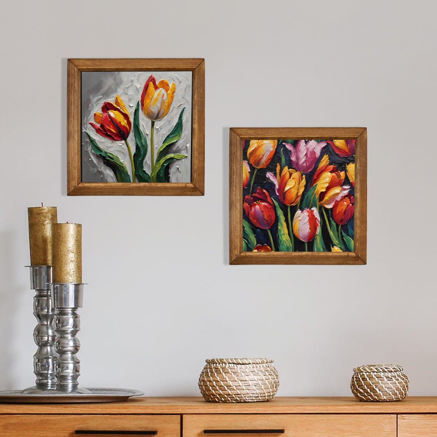 Autumn Tulips Duo Natural Stone Wall Art – Wood Frame Set