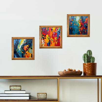 Abstract Portrait & Colour Field Trio Natural Stone Wall Art – Wood Frame Set