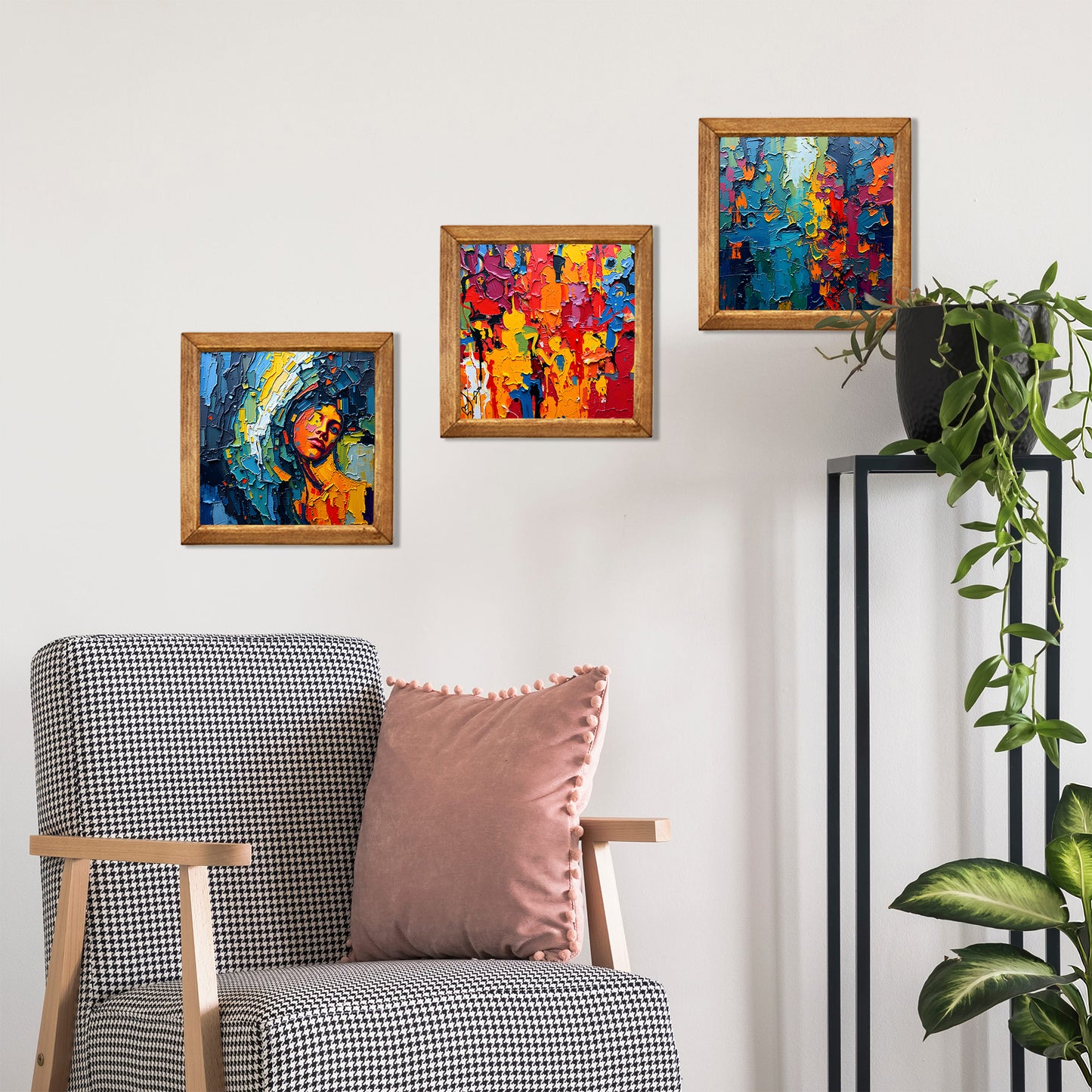 Abstract Portrait & Colour Field Trio Natural Stone Wall Art – Wood Frame Set