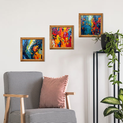 Abstract Portrait & Colour Field Trio Natural Stone Wall Art – Wood Frame Set