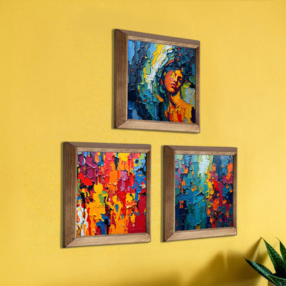 Abstract Portrait & Colour Field Trio Natural Stone Wall Art – Wood Frame Set