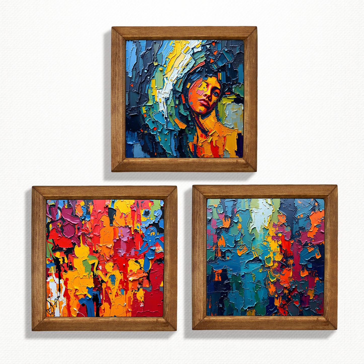 Abstract Portrait & Colour Field Trio Natural Stone Wall Art – Wood Frame Set