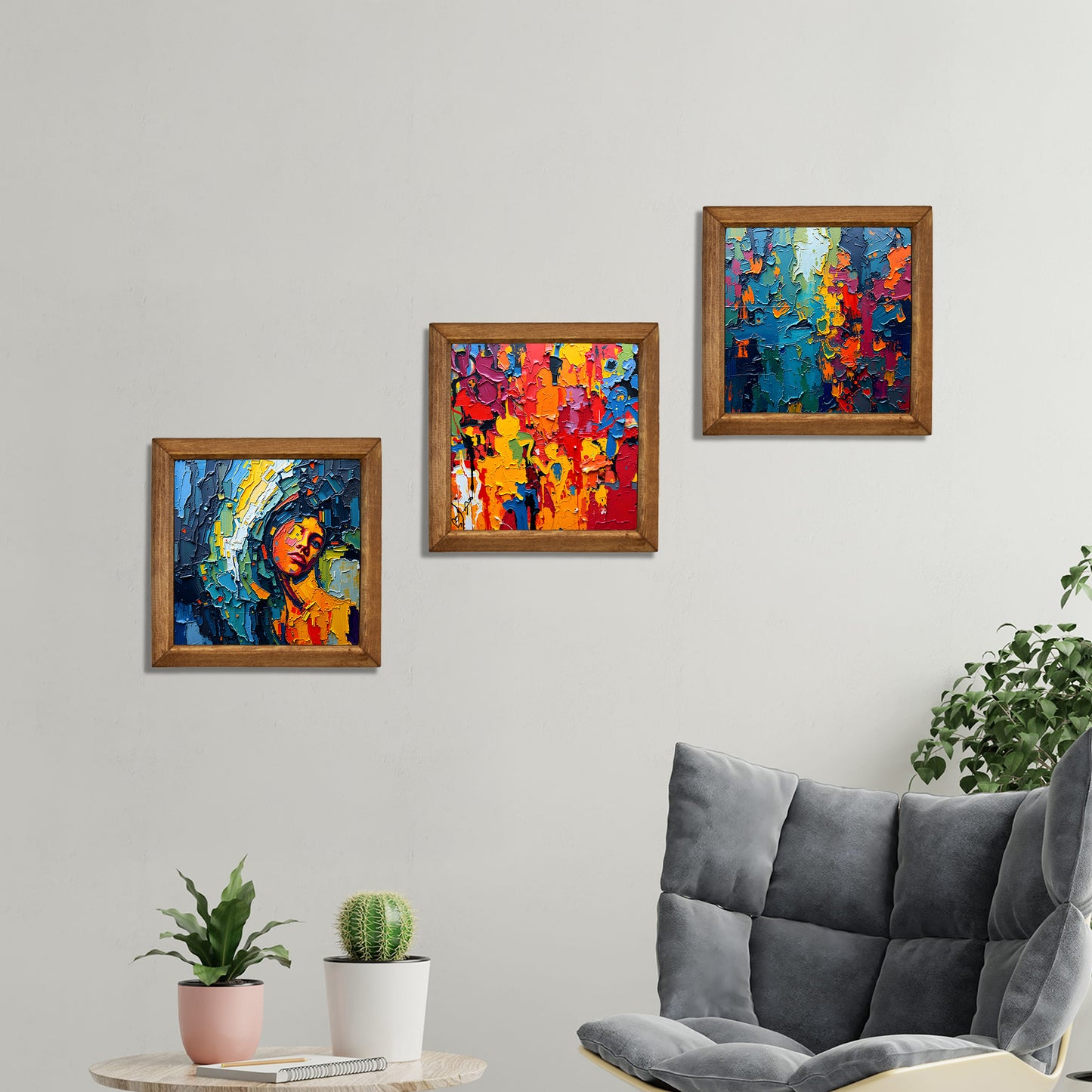 Abstract Portrait & Colour Field Trio Natural Stone Wall Art – Wood Frame Set