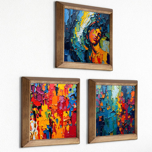 Abstract Portrait & Colour Field Trio Natural Stone Wall Art – Wood Frame Set