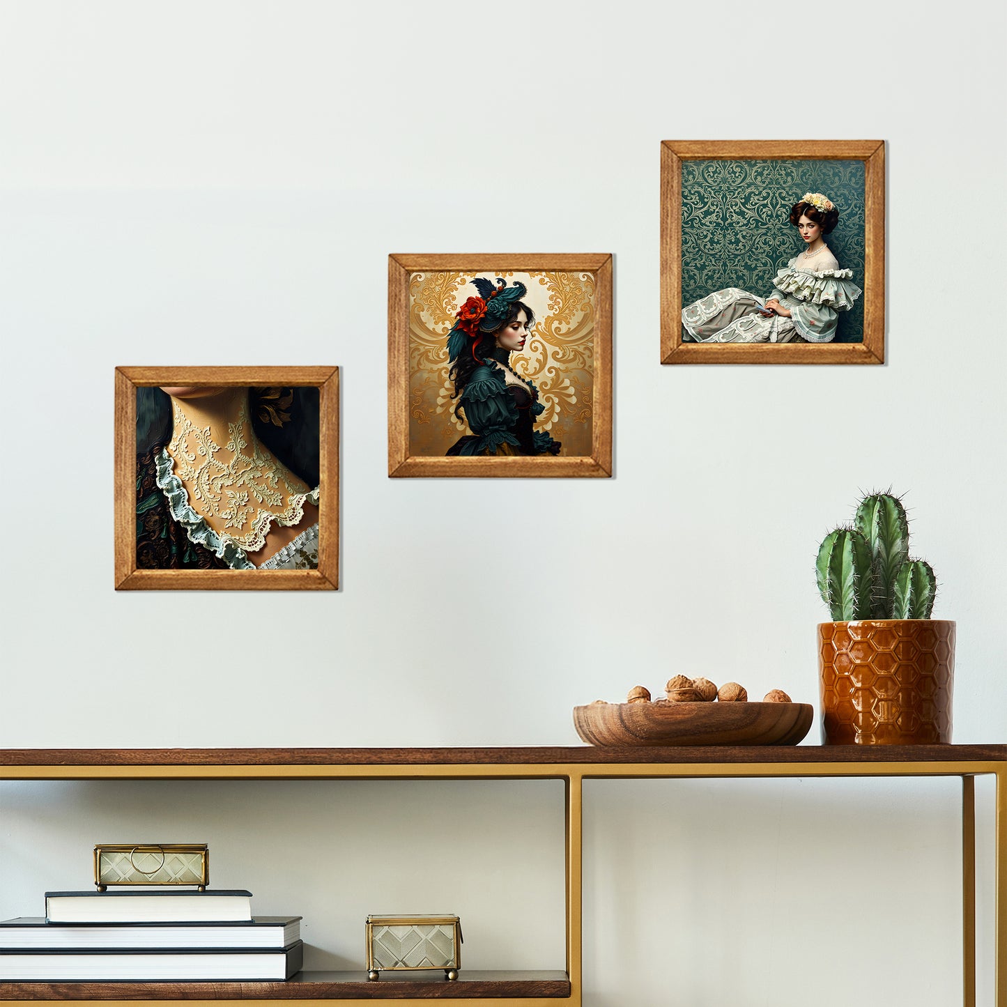 Victorian Portrait Trio Natural Stone Wall Art – Wood Frame Set