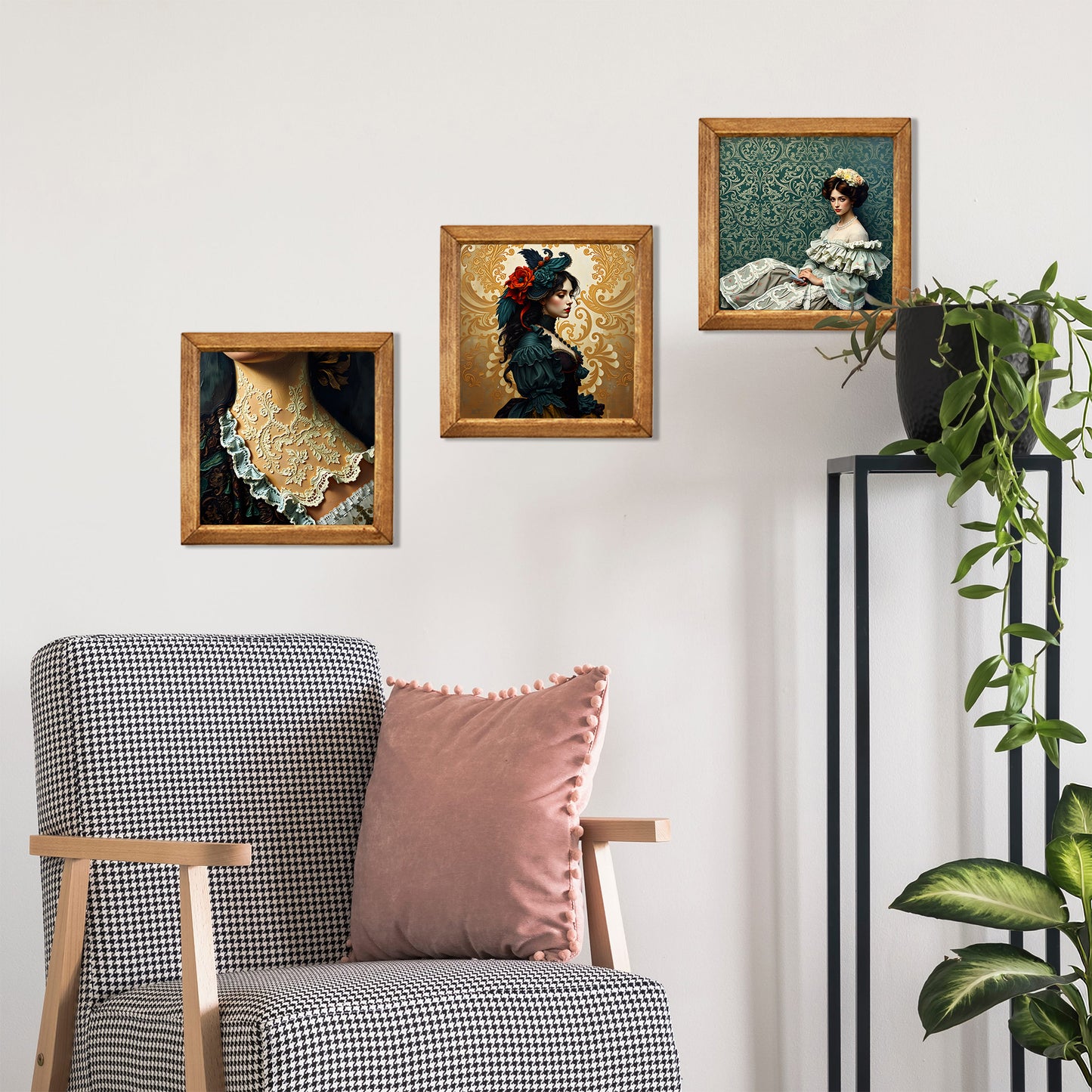 Victorian Portrait Trio Natural Stone Wall Art – Wood Frame Set