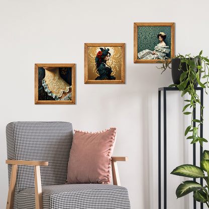 Victorian Portrait Trio Natural Stone Wall Art – Wood Frame Set