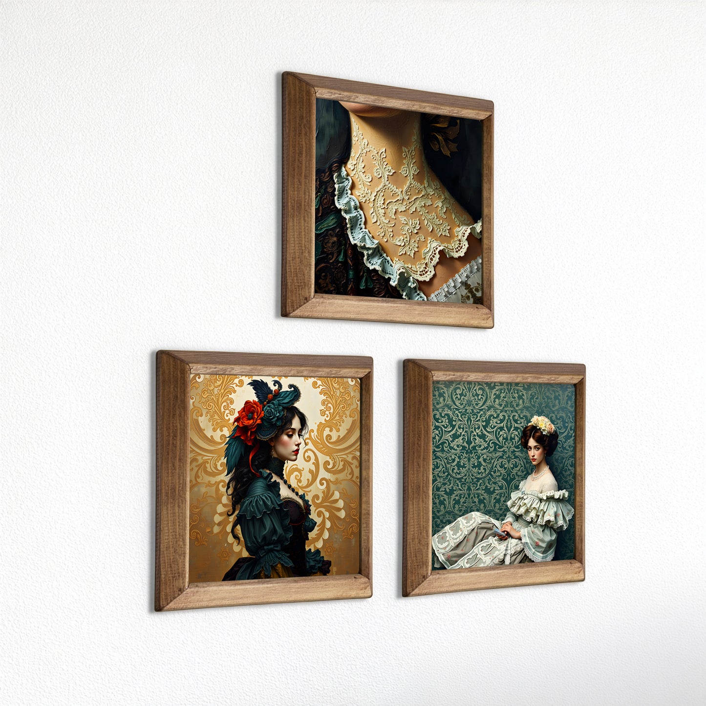 Victorian Portrait Trio Natural Stone Wall Art – Wood Frame Set
