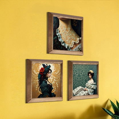 Victorian Portrait Trio Natural Stone Wall Art – Wood Frame Set