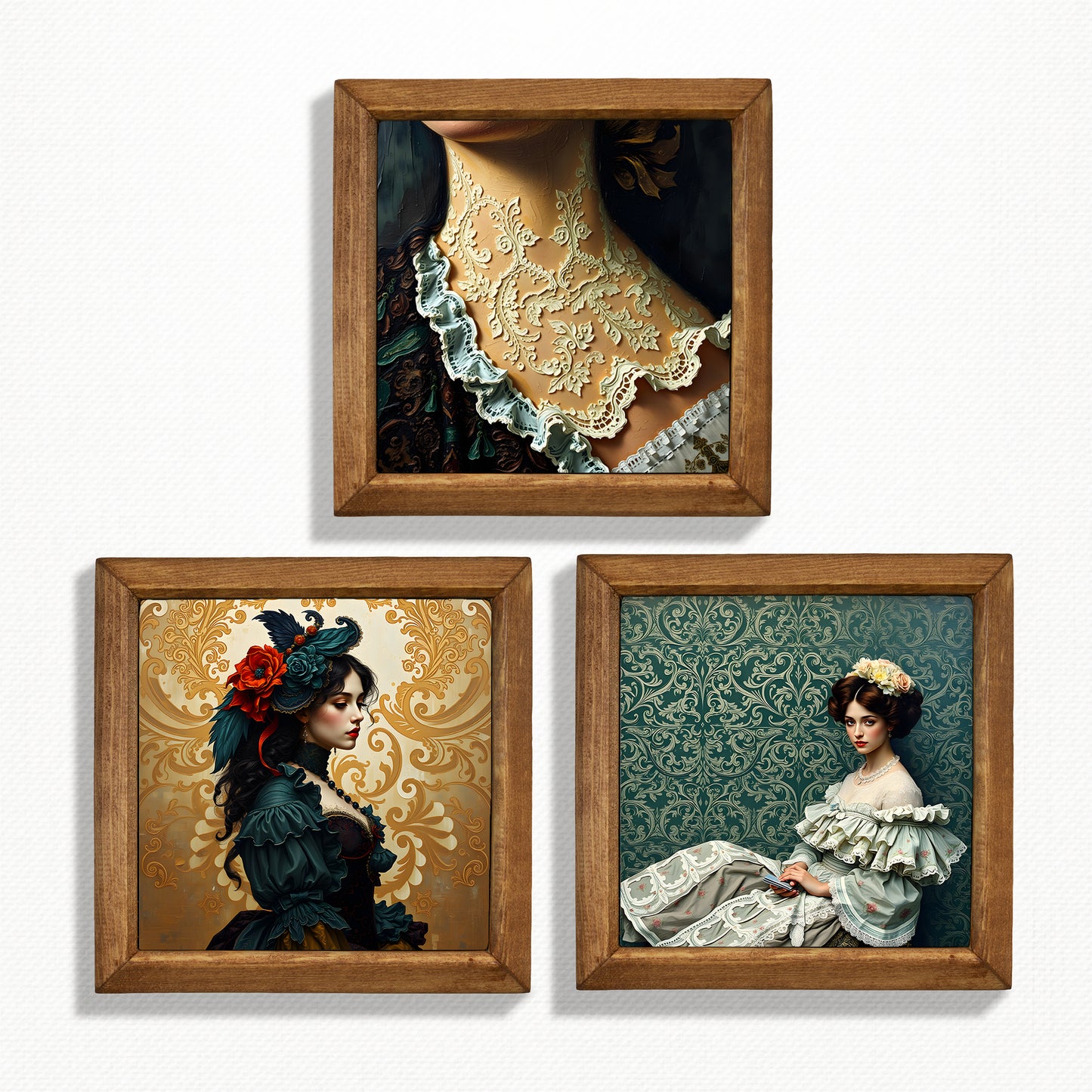 Victorian Portrait Trio Natural Stone Wall Art – Wood Frame Set