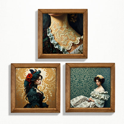 Victorian Portrait Trio Natural Stone Wall Art – Wood Frame Set