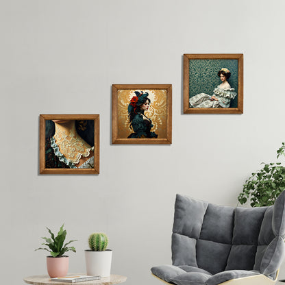 Victorian Portrait Trio Natural Stone Wall Art – Wood Frame Set