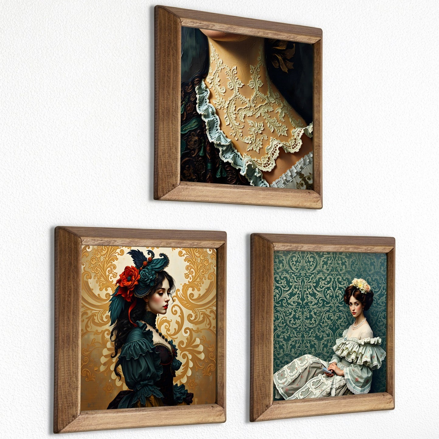 Victorian Portrait Trio Natural Stone Wall Art – Wood Frame Set