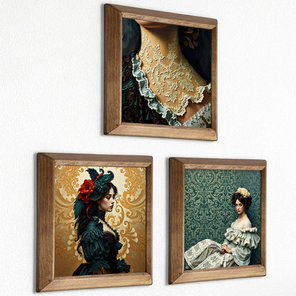 Victorian Portrait Trio Natural Stone Wall Art – Wood Frame Set