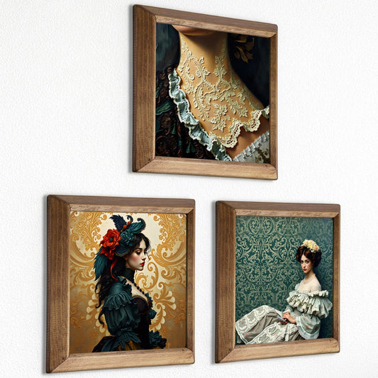 Victorian Portrait Trio Natural Stone Wall Art – Wood Frame Set