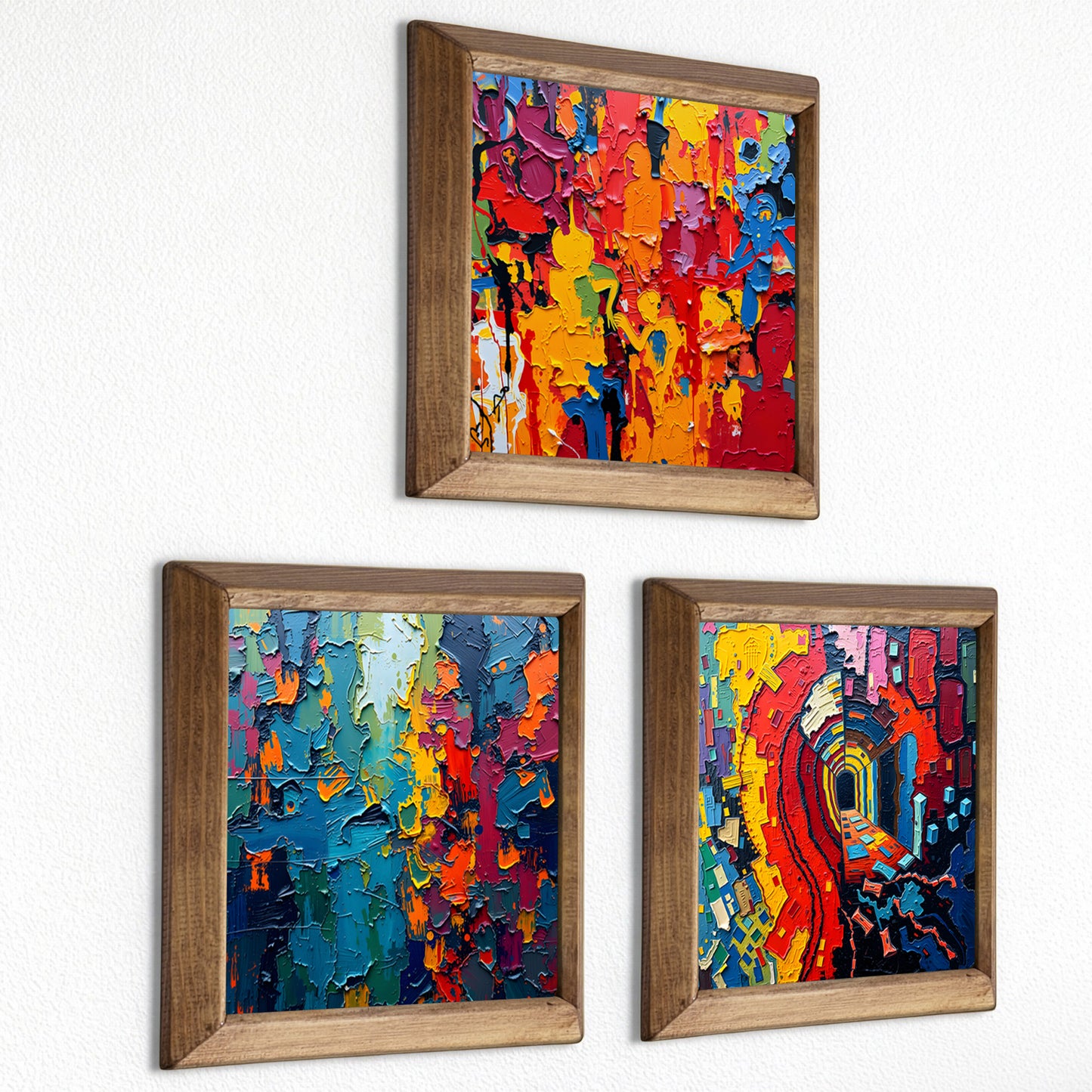 Colour Burst Abstract Trio Natural Stone Wall Art – Wood Frame Set