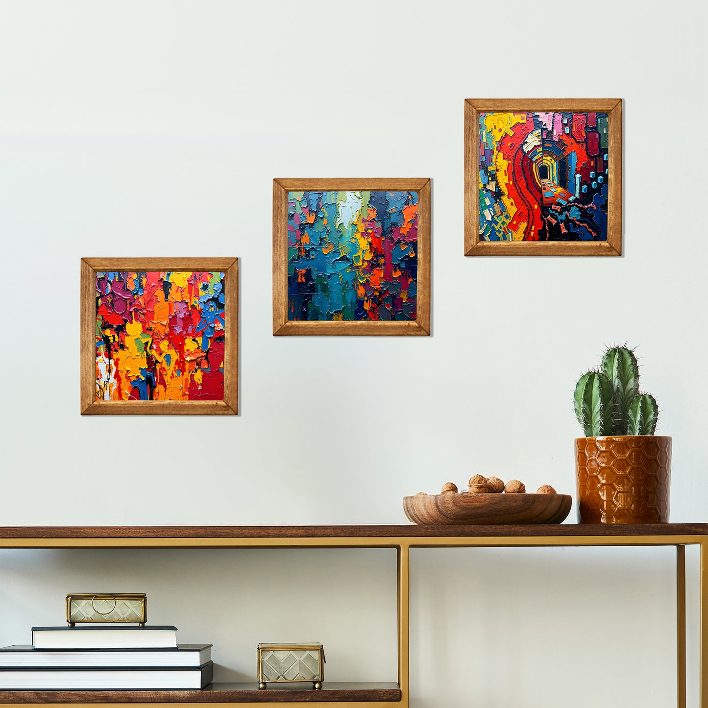 Colour Burst Abstract Trio Natural Stone Wall Art – Wood Frame Set