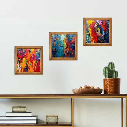 Colour Burst Abstract Trio Natural Stone Wall Art – Wood Frame Set