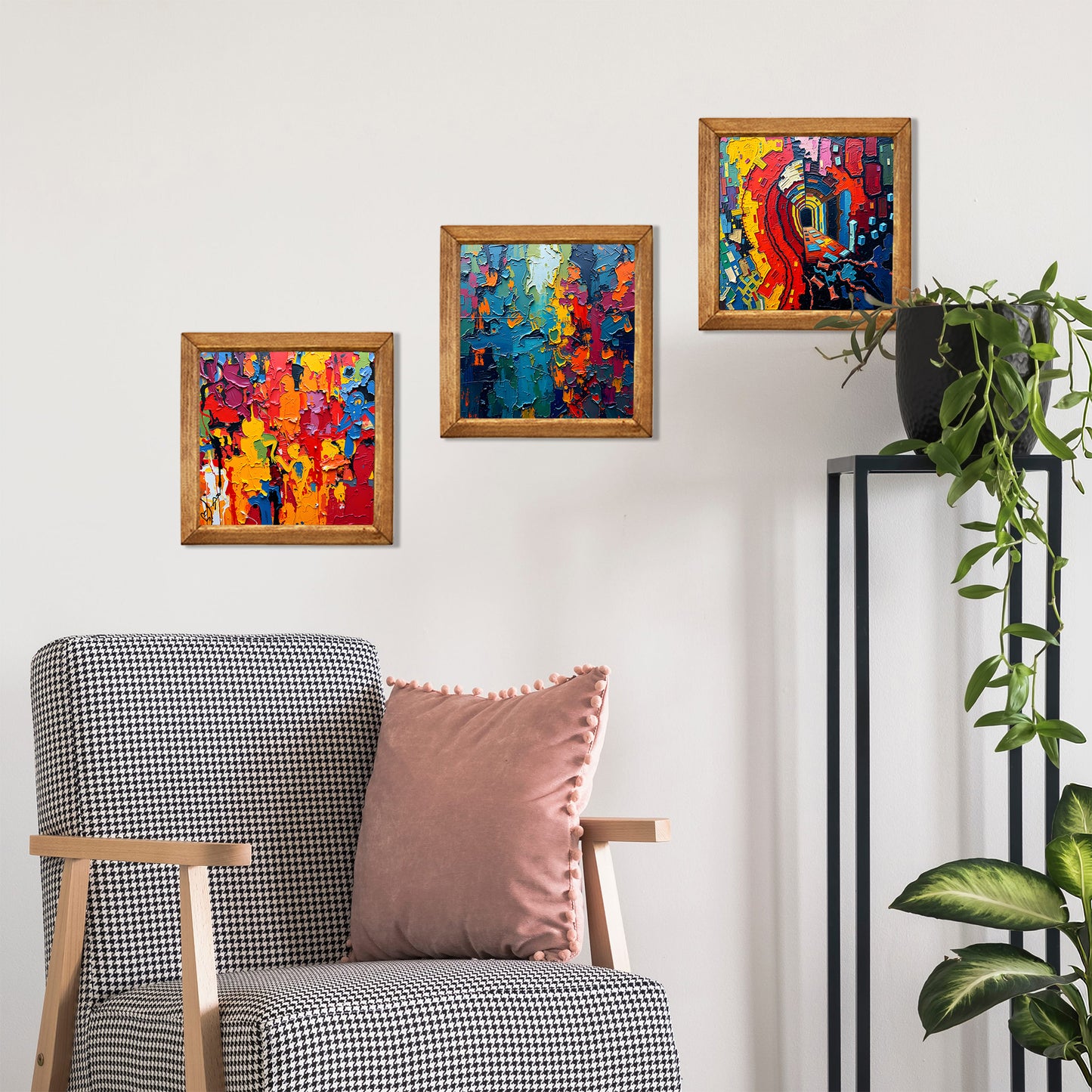 Colour Burst Abstract Trio Natural Stone Wall Art – Wood Frame Set