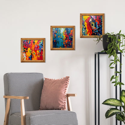 Colour Burst Abstract Trio Natural Stone Wall Art – Wood Frame Set