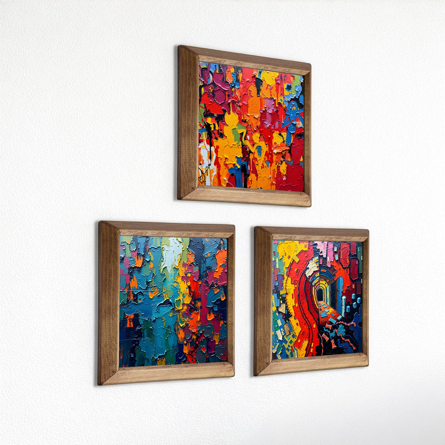 Colour Burst Abstract Trio Natural Stone Wall Art – Wood Frame Set