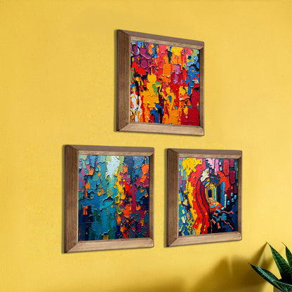Colour Burst Abstract Trio Natural Stone Wall Art – Wood Frame Set