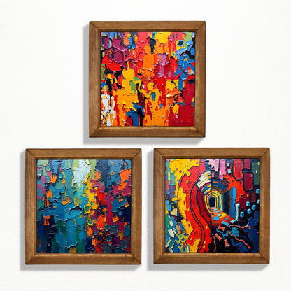 Colour Burst Abstract Trio Natural Stone Wall Art – Wood Frame Set