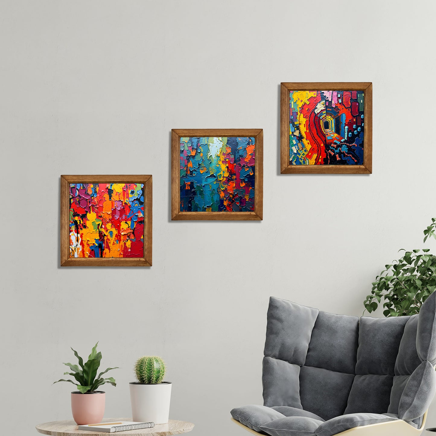 Colour Burst Abstract Trio Natural Stone Wall Art – Wood Frame Set