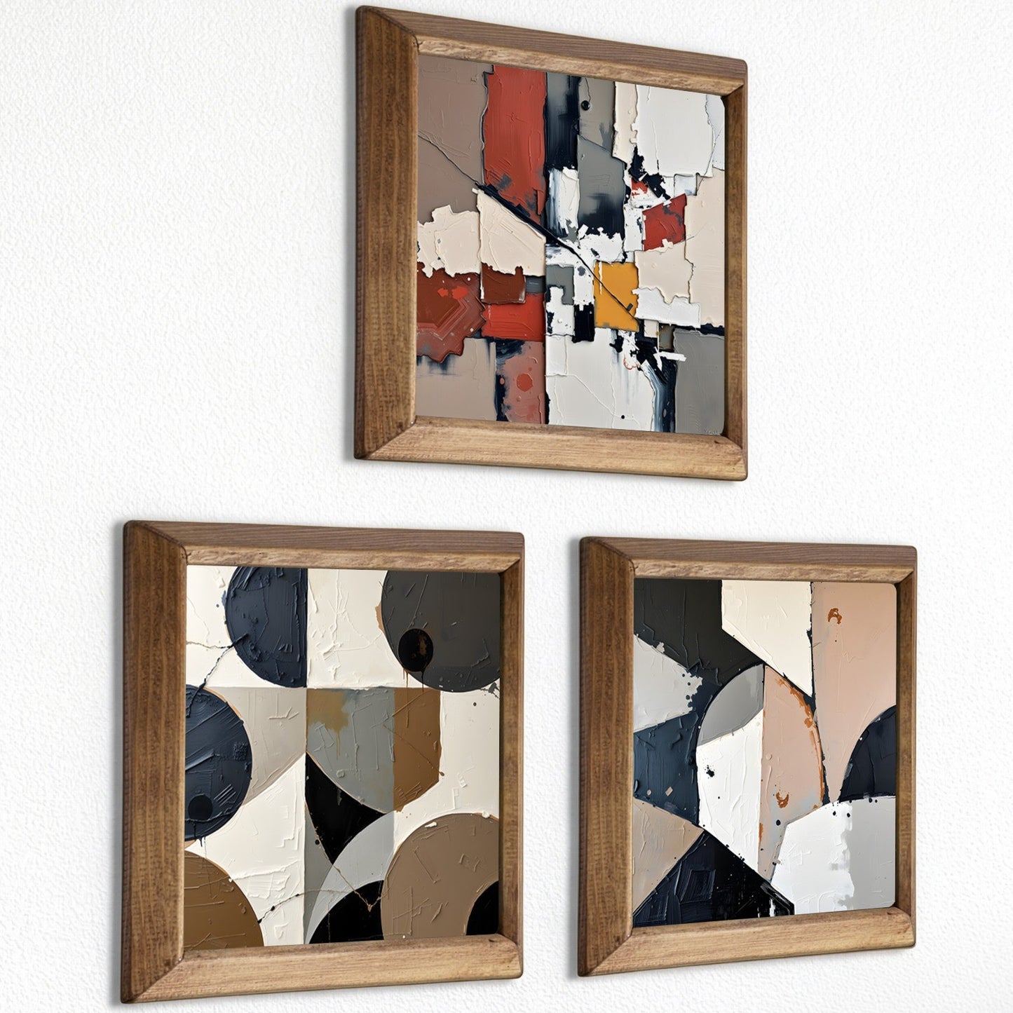 Neutral Abstract Geometry Trio Natural Stone Wall Art – Wood Frame Set