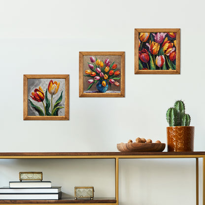 Radiant Tulip Bloom Trio Natural Stone Wall Art