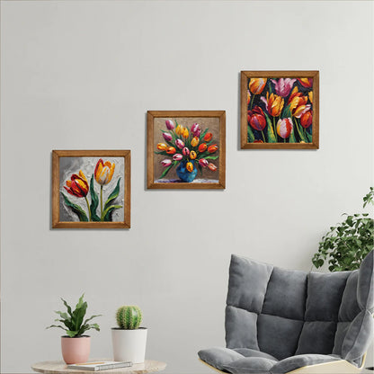 Radiant Tulip Bloom Trio Natural Stone Wall Art