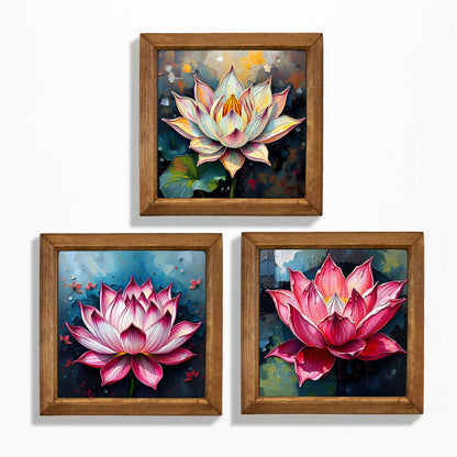 Lotus Trio Natural Stone Wall Art – Wood Frame Set