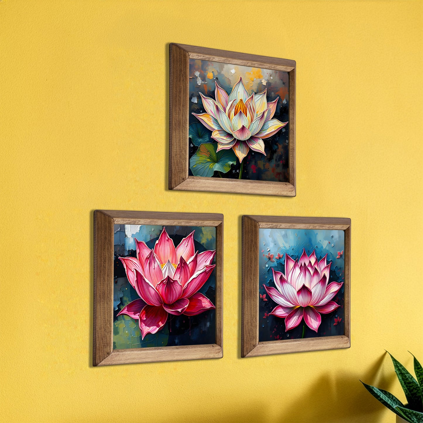 Lotus Trio Natural Stone Wall Art – Wood Frame Set