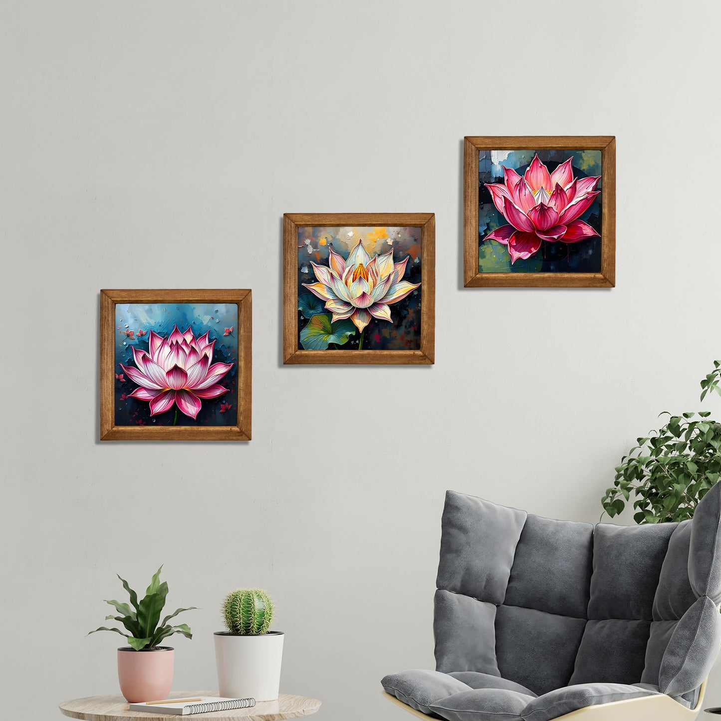 Lotus Trio Natural Stone Wall Art – Wood Frame Set