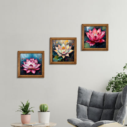Lotus Trio Natural Stone Wall Art – Wood Frame Set