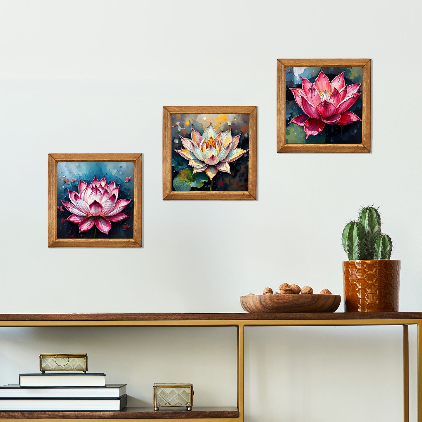 Lotus Trio Natural Stone Wall Art – Wood Frame Set