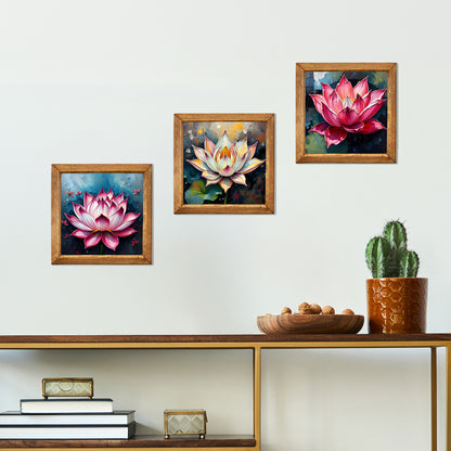 Lotus Trio Natural Stone Wall Art – Wood Frame Set