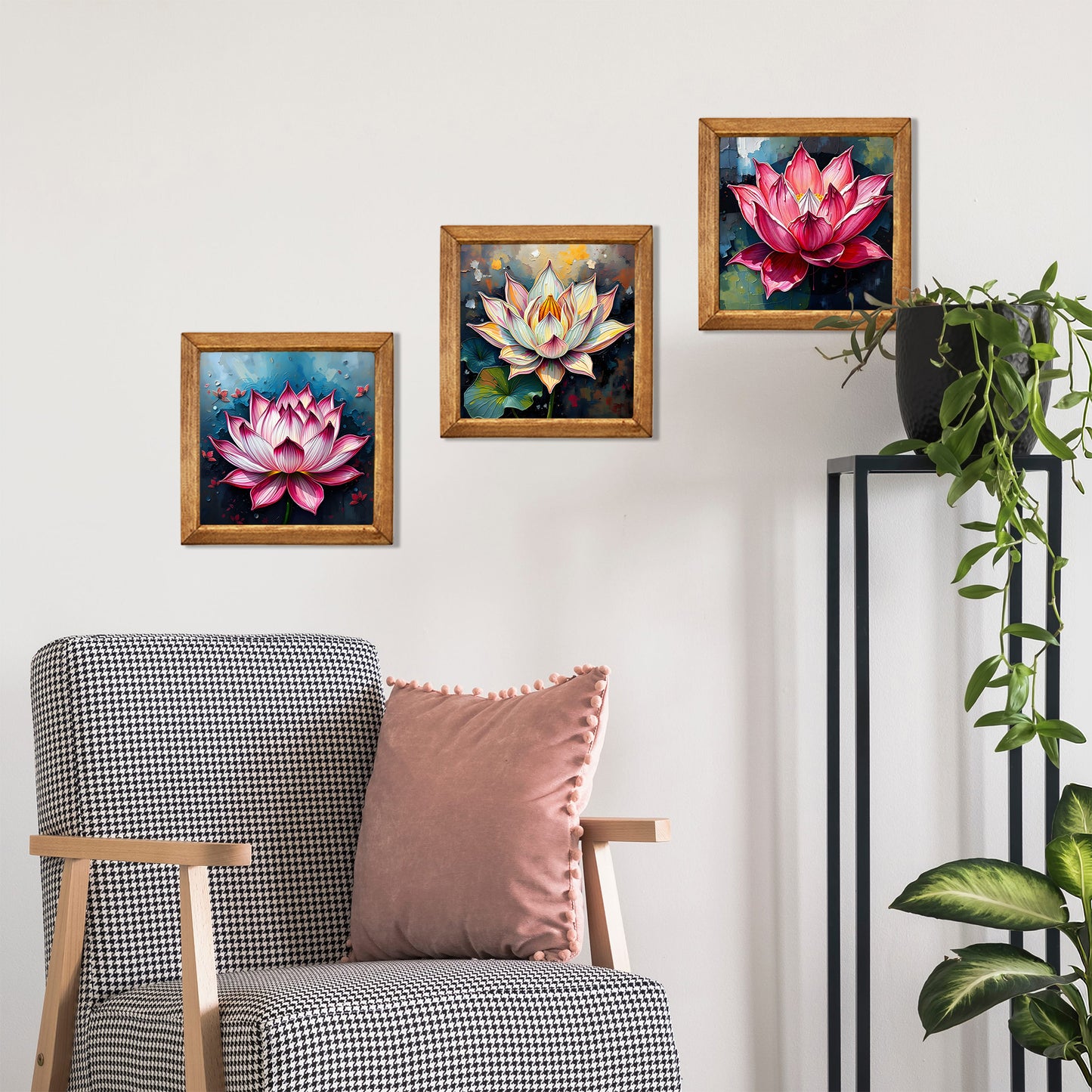 Lotus Trio Natural Stone Wall Art – Wood Frame Set