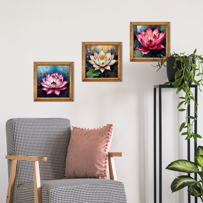 Lotus Trio Natural Stone Wall Art – Wood Frame Set