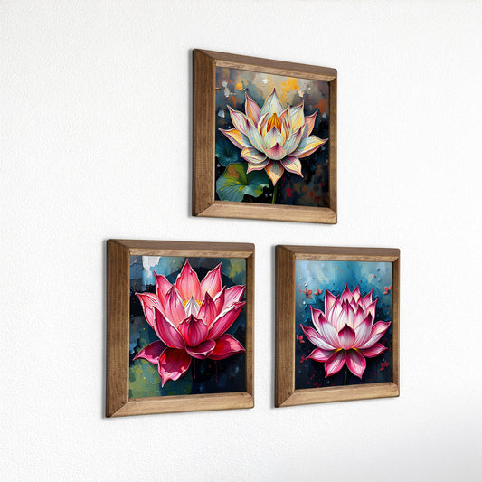 Set of three framed paintings of lotus flowers on a white wall.