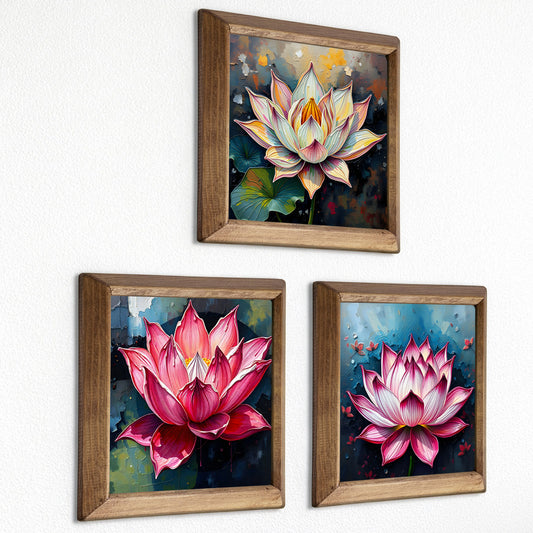 Lotus Trio Natural Stone Wall Art – Wood Frame Set