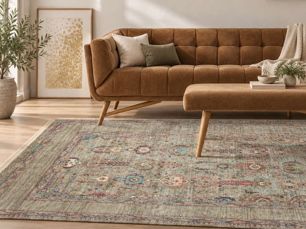 Antique Olive Floral Traditional Washable Non-Slip Rug